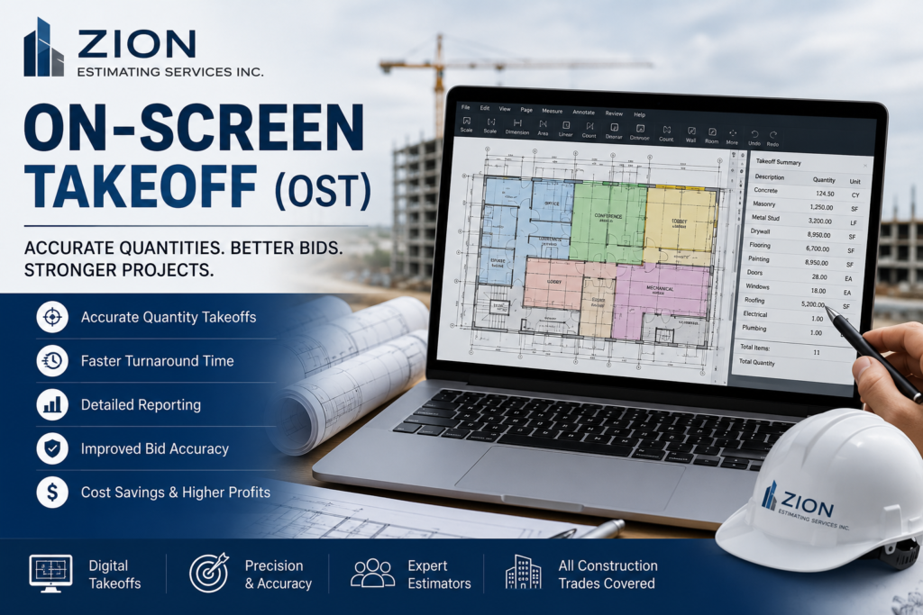 Get precise and efficient On-Screen Takeoff (OST) estimating services with Zion Estimating Services Inc. Improve bidding accuracy, reduce estimating time, and streamline construction project planning.