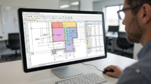 Commercial Building Estimating Services | Zion Estimating Services Inc. 3 Commercial construction cost estimator reviewing blueprints