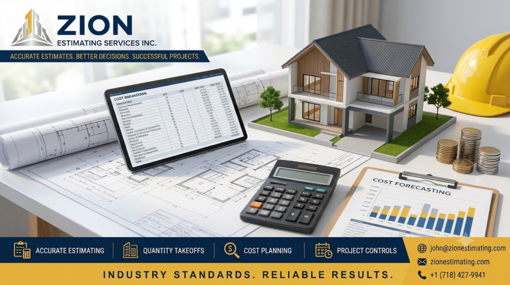 Ultimate Guide to Residential Home Estimating: Accurate Project Costing 2 Professional residential home estimating desk featuring blueprints, a calculator, and a modern house model by Zion Estimating Services Inc.